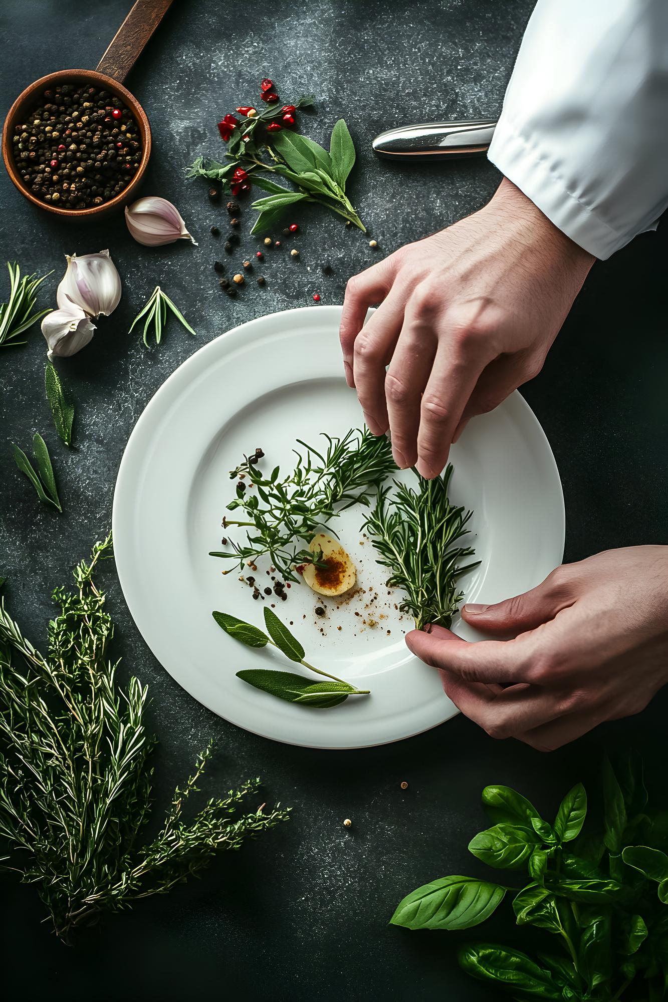 Chef plating a composed seasonal dish with herbs